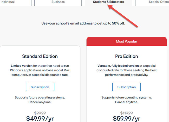 Pricing for Students and Educators Using Parallels Desktop