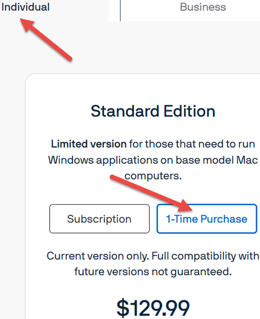 Pricing for the Individual 1-Time Purchase of Parallels Desktop