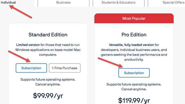 Pricing for the Individual Subscription Plan for Parallels Desktop